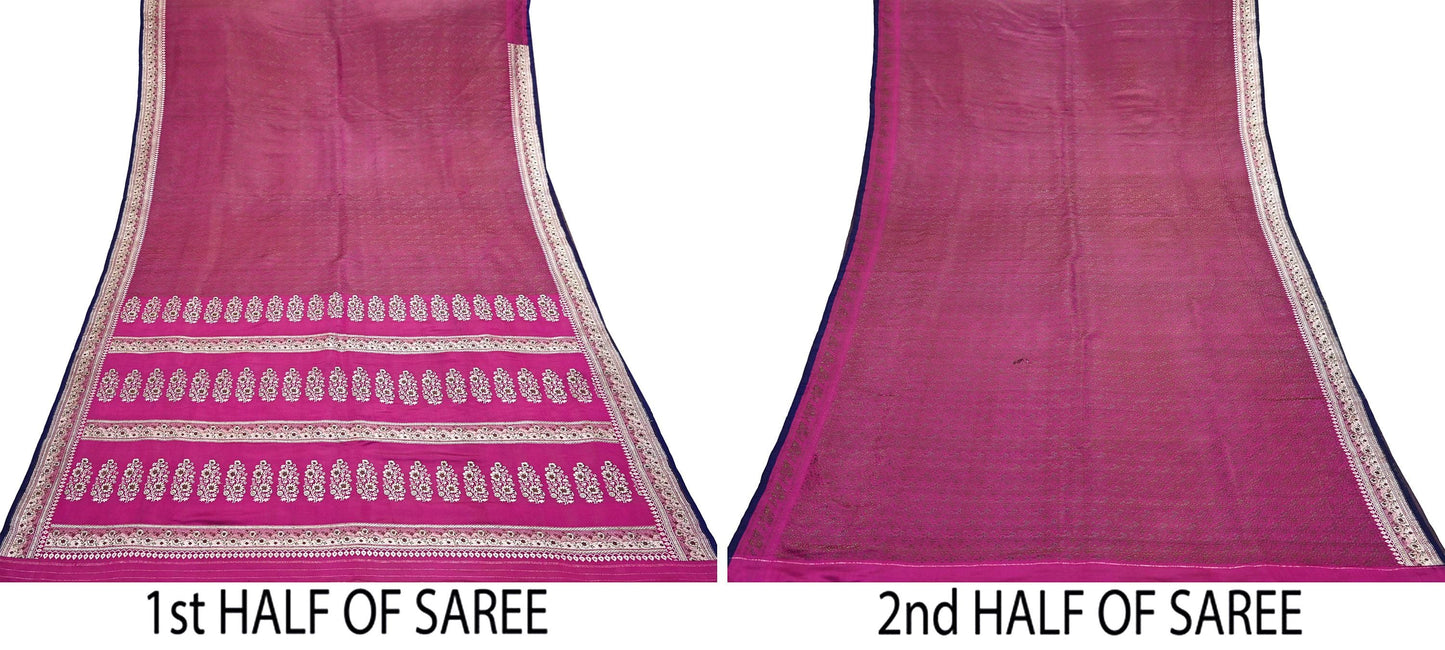 Indian Vintage Sari Pink Heavy Wedding Pure Satin Silk Woven Banarasi Tanchoi Saree 5Yd Ethnic Craft Fabric Upcycle Bridal Heavy Sarees
