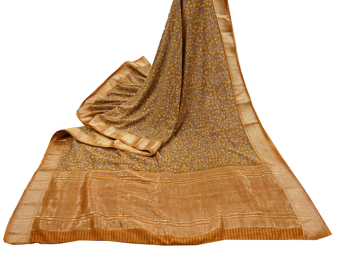 Indian Vintage Green Saree Block Printed Sari chanderi Silk Sari Craft Fabric 5Yd Floral Soft Zari Dress making Bollywood saree Birds