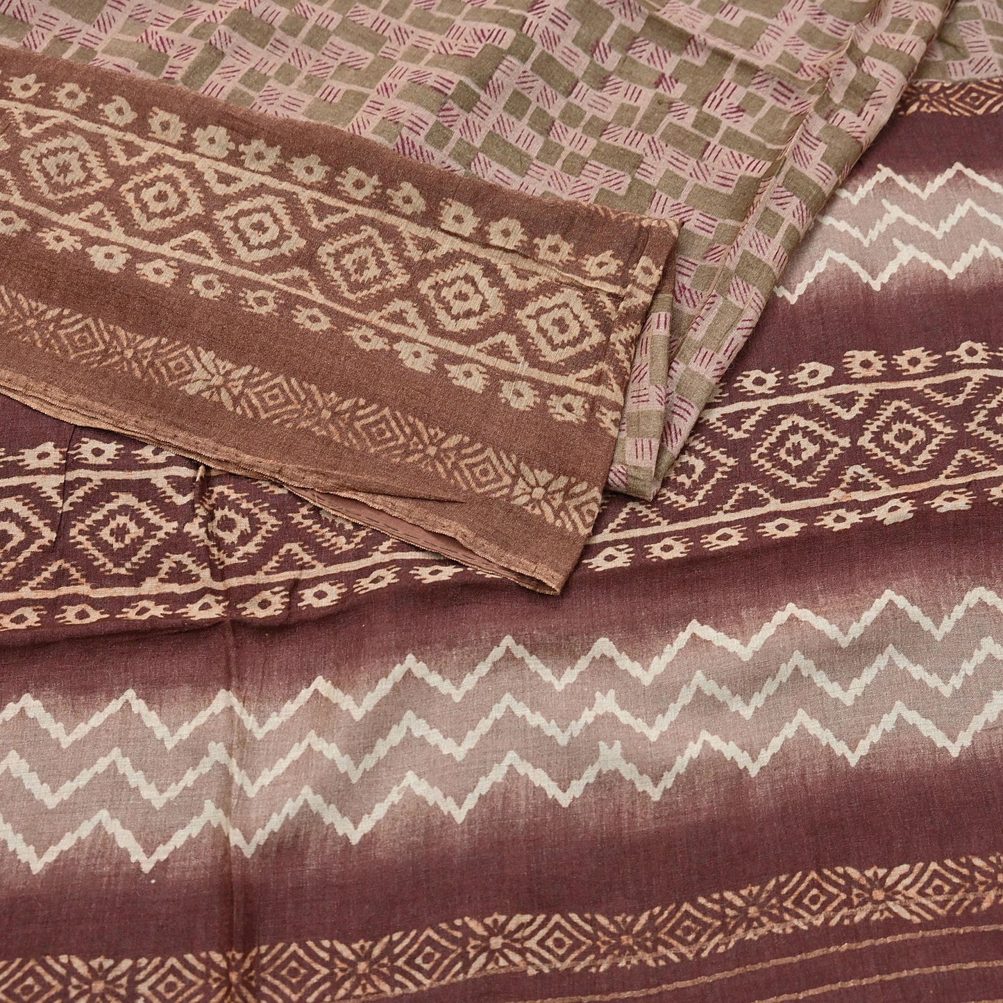 Indian Vintage Bronw & Green Saree Pure Khadi Silk Handloom Printed Sari Fabric 5yd Ethnic Wear Sari Floral Designs Dress making Crafting