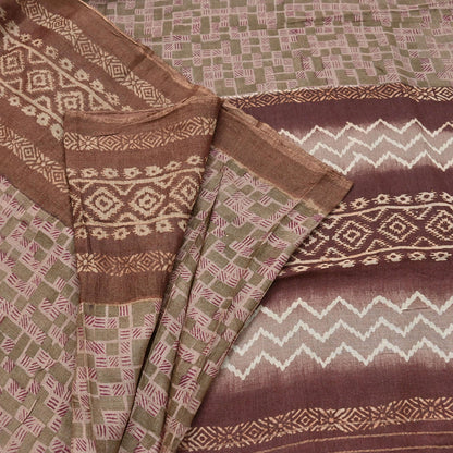 Indian Vintage Bronw & Green Saree Pure Khadi Silk Handloom Printed Sari Fabric 5yd Ethnic Wear Sari Floral Designs Dress making Crafting