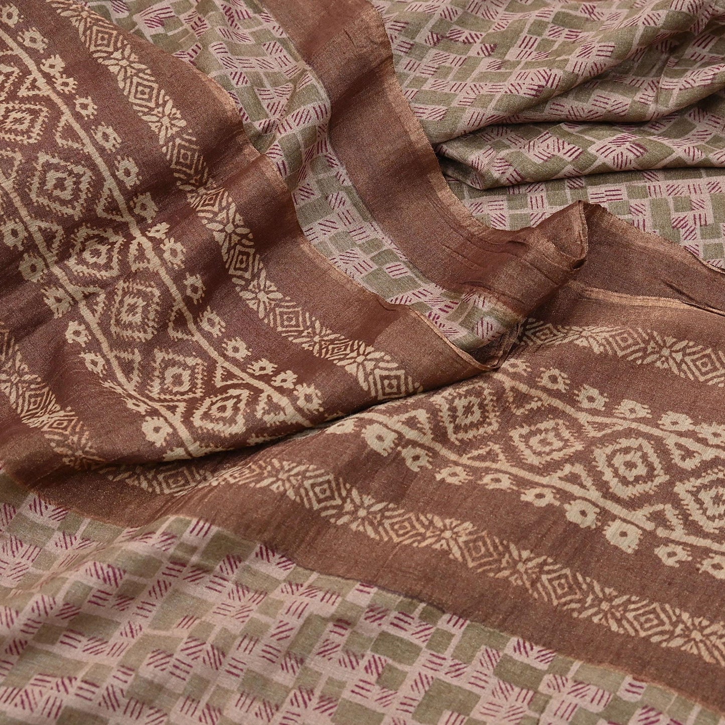 Indian Vintage Bronw & Green Saree Pure Khadi Silk Handloom Printed Sari Fabric 5yd Ethnic Wear Sari Floral Designs Dress making Crafting