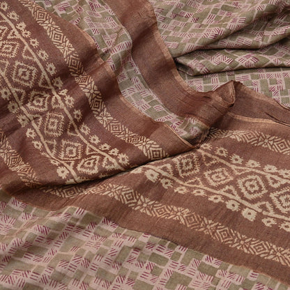 Indian Vintage Bronw & Green Saree Pure Khadi Silk Handloom Printed Sari Fabric 5yd Ethnic Wear Sari Floral Designs Dress making Crafting