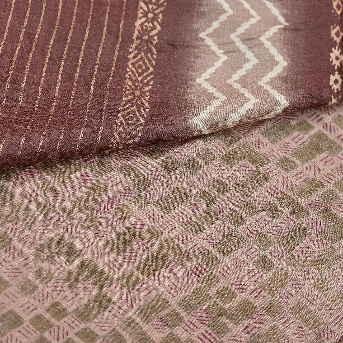 Indian Vintage Bronw & Green Saree Pure Khadi Silk Handloom Printed Sari Fabric 5yd Ethnic Wear Sari Floral Designs Dress making Crafting