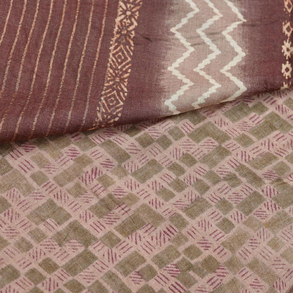 Indian Vintage Bronw & Green Saree Pure Khadi Silk Handloom Printed Sari Fabric 5yd Ethnic Wear Sari Floral Designs Dress making Crafting