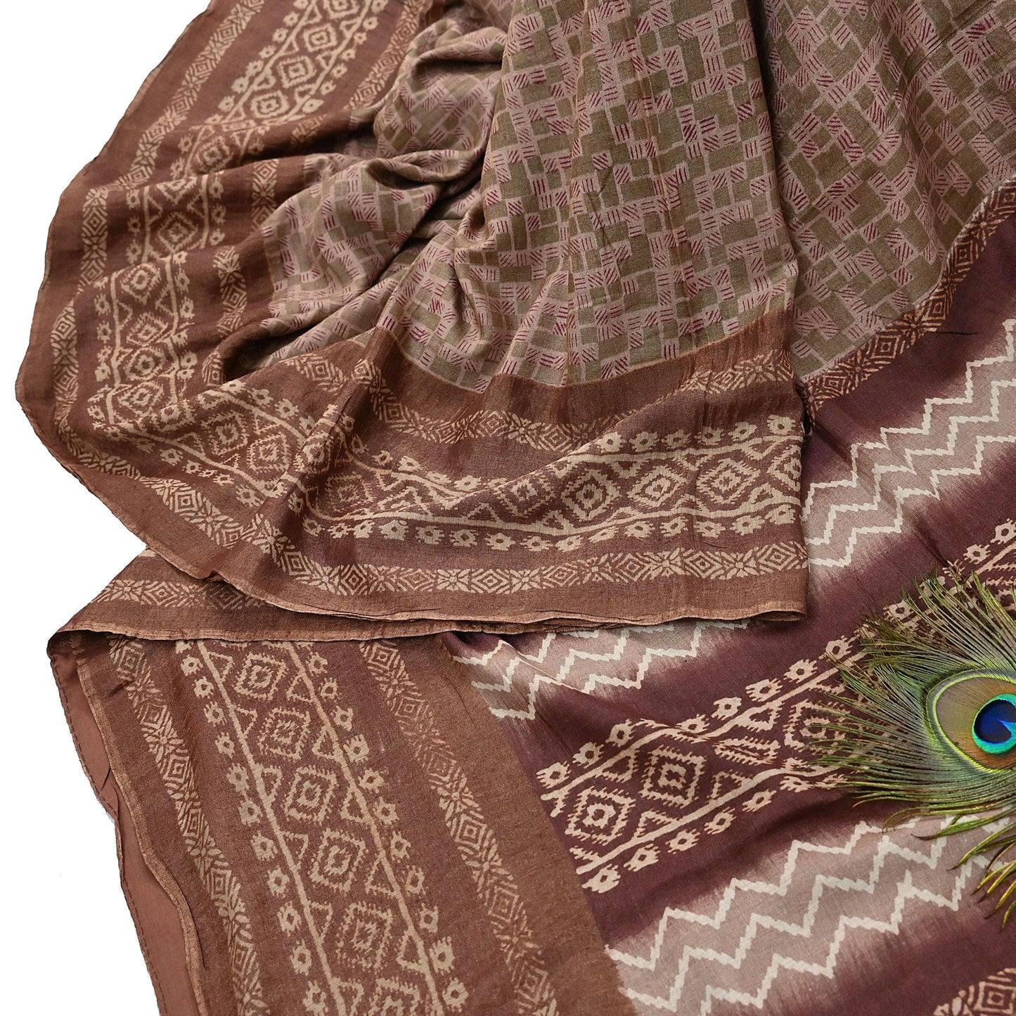 Indian Vintage Bronw & Green Saree Pure Khadi Silk Handloom Printed Sari Fabric 5yd Ethnic Wear Sari Floral Designs Dress making Crafting
