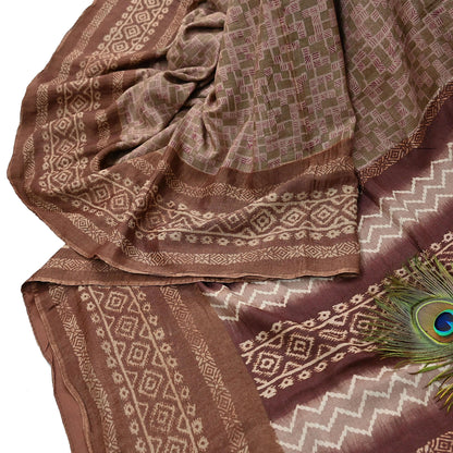 Indian Vintage Bronw & Green Saree Pure Khadi Silk Handloom Printed Sari Fabric 5yd Ethnic Wear Sari Floral Designs Dress making Crafting