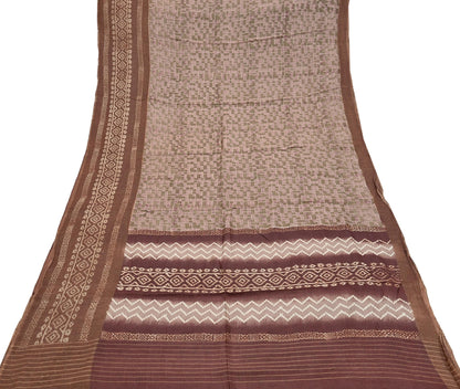 Indian Vintage Bronw & Green Saree Pure Khadi Silk Handloom Printed Sari Fabric 5yd Ethnic Wear Sari Floral Designs Dress making Crafting