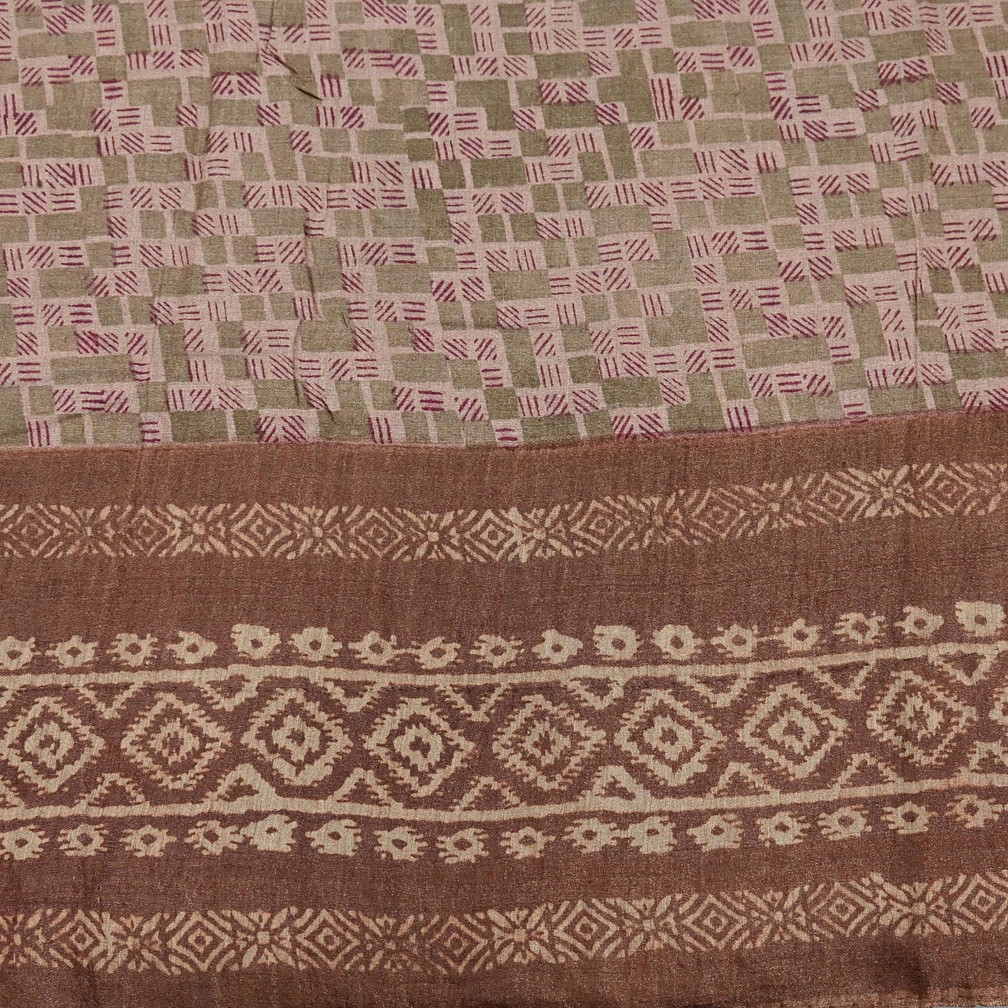 Indian Vintage Bronw & Green Saree Pure Khadi Silk Handloom Printed Sari Fabric 5yd Ethnic Wear Sari Floral Designs Dress making Crafting