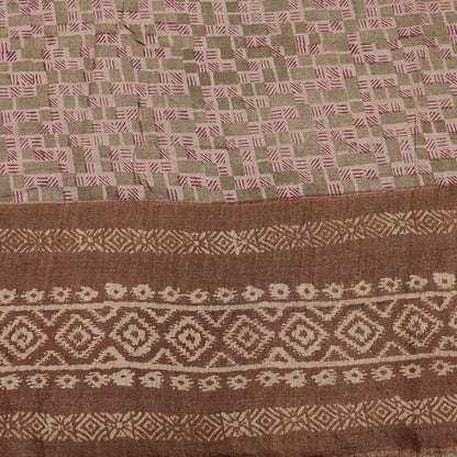Indian Vintage Bronw & Green Saree Pure Khadi Silk Handloom Printed Sari Fabric 5yd Ethnic Wear Sari Floral Designs Dress making Crafting