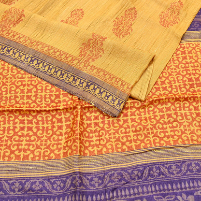 Indian Vintage Heavy Sari Mustard Pure Khadi Silk Handloom Saree Craft Fabric 5yd Ethnic Wear Dress making For Crafting Quilting