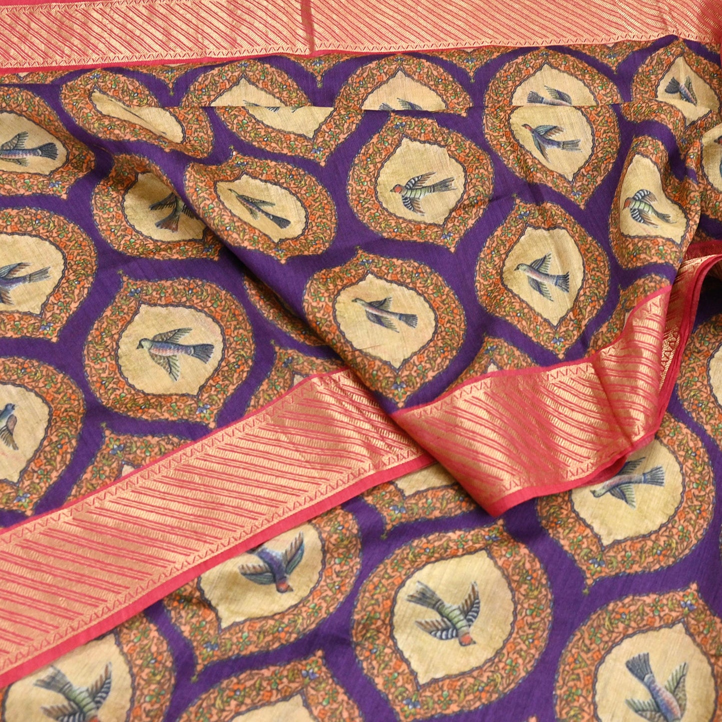 Indian Vintage Saree Purple & Red Pure Khadi Silk Handloom Digital Printed Sari Craft Fabric 5yard Ethnic Wear Sari Dress making Crafting