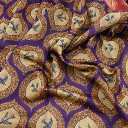 Indian Vintage Saree Purple & Red Pure Khadi Silk Handloom Digital Printed Sari Craft Fabric 5yard Ethnic Wear Sari Dress making Crafting