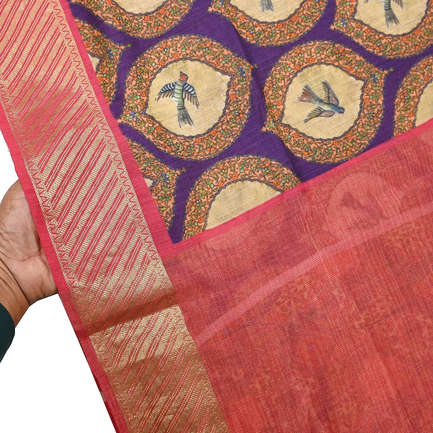 Indian Vintage Saree Purple & Red Pure Khadi Silk Handloom Digital Printed Sari Craft Fabric 5yard Ethnic Wear Sari Dress making Crafting