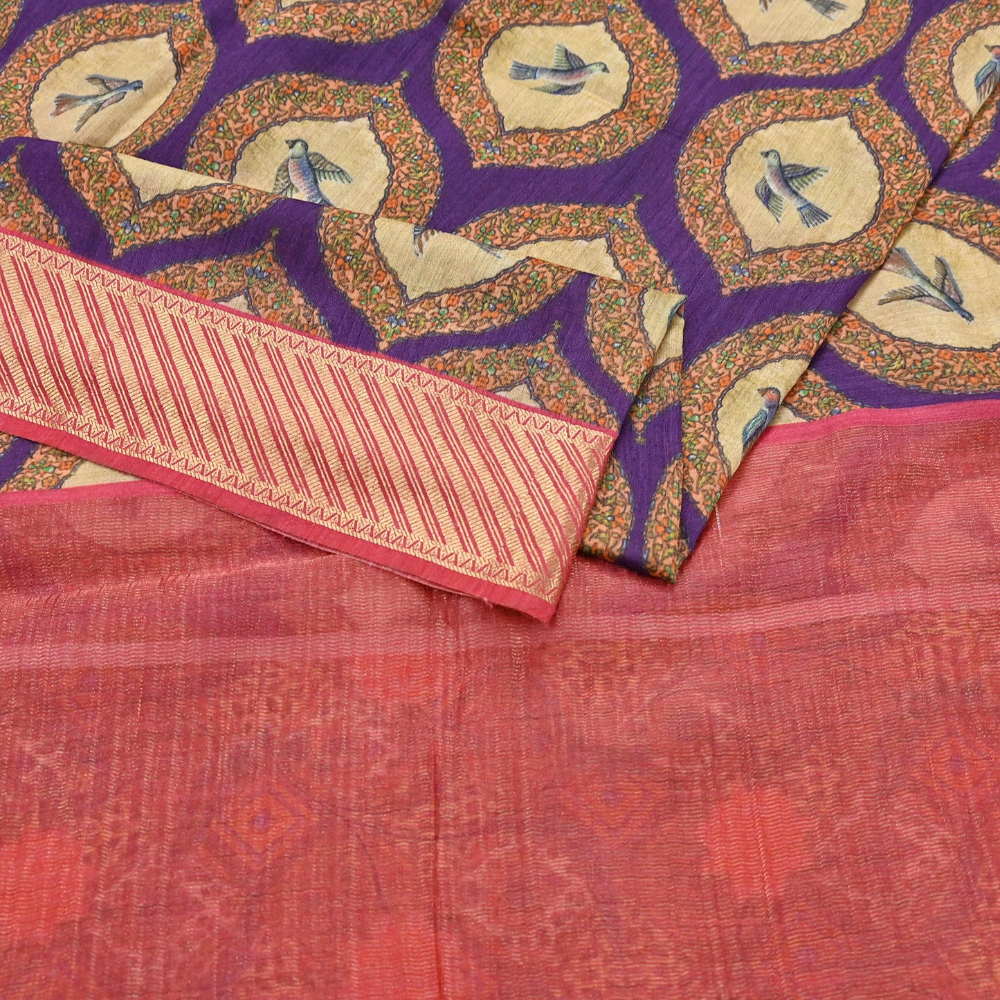 Indian Vintage Saree Purple & Red Pure Khadi Silk Handloom Digital Printed Sari Craft Fabric 5yard Ethnic Wear Sari Dress making Crafting