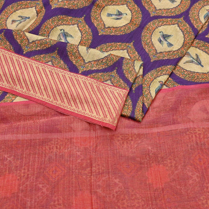 Indian Vintage Saree Purple & Red Pure Khadi Silk Handloom Digital Printed Sari Craft Fabric 5yard Ethnic Wear Sari Dress making Crafting