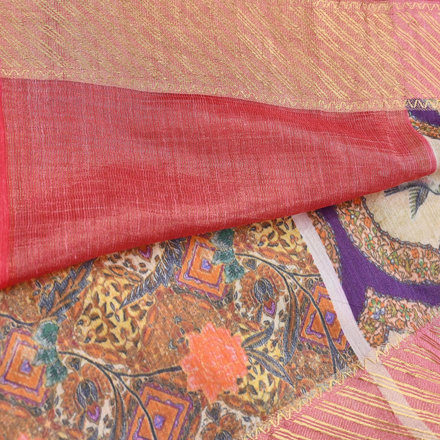Indian Vintage Saree Purple & Red Pure Khadi Silk Handloom Digital Printed Sari Craft Fabric 5yard Ethnic Wear Sari Dress making Crafting