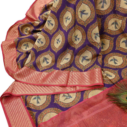 Indian Vintage Saree Purple & Red Pure Khadi Silk Handloom Digital Printed Sari Craft Fabric 5yard Ethnic Wear Sari Dress making Crafting