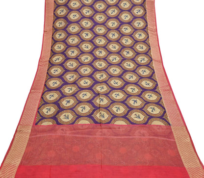 Indian Vintage Saree Purple & Red Pure Khadi Silk Handloom Digital Printed Sari Craft Fabric 5yard Ethnic Wear Sari Dress making Crafting