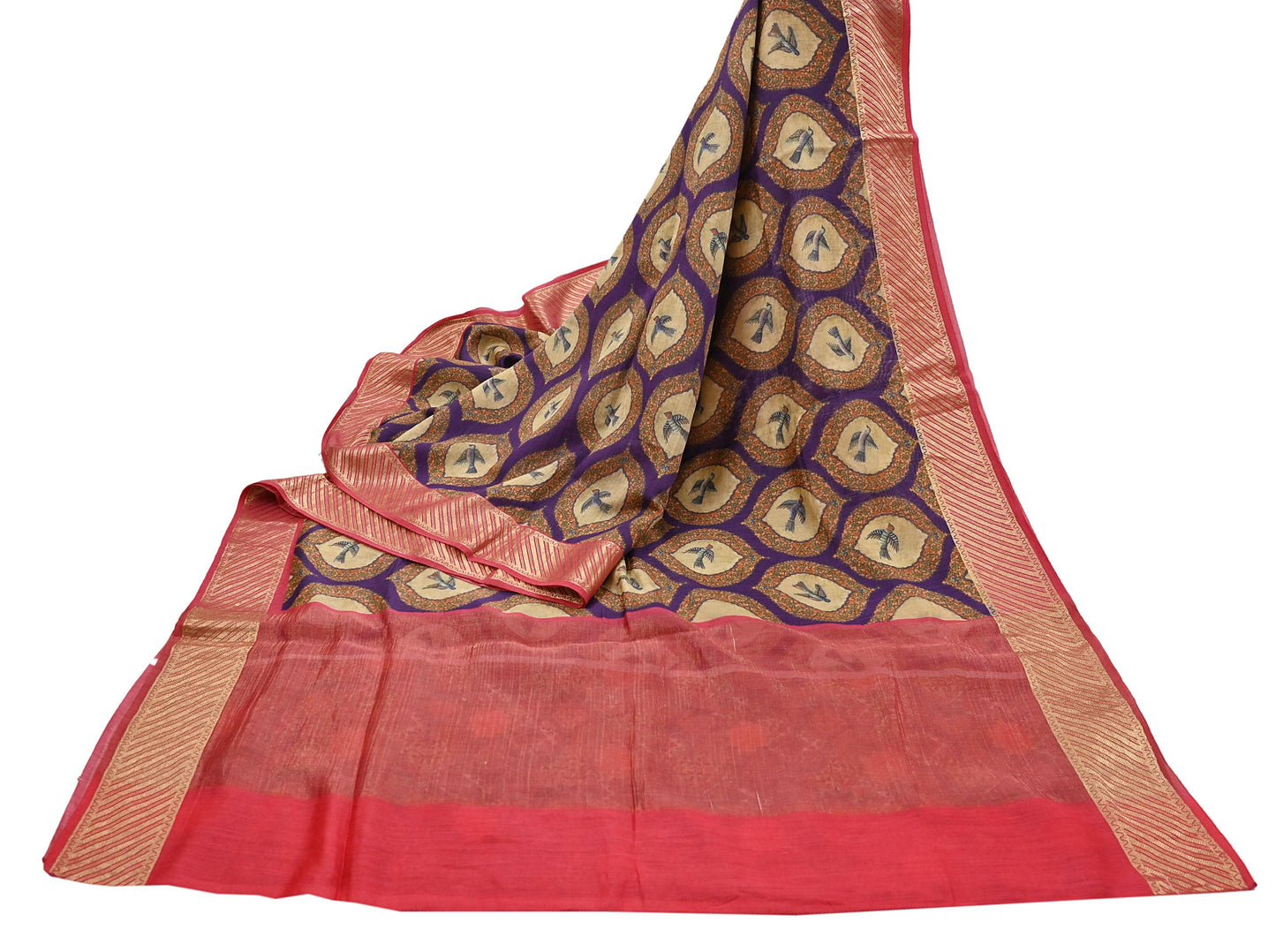 Indian Vintage Saree Purple & Red Pure Khadi Silk Handloom Digital Printed Sari Craft Fabric 5yard Ethnic Wear Sari Dress making Crafting