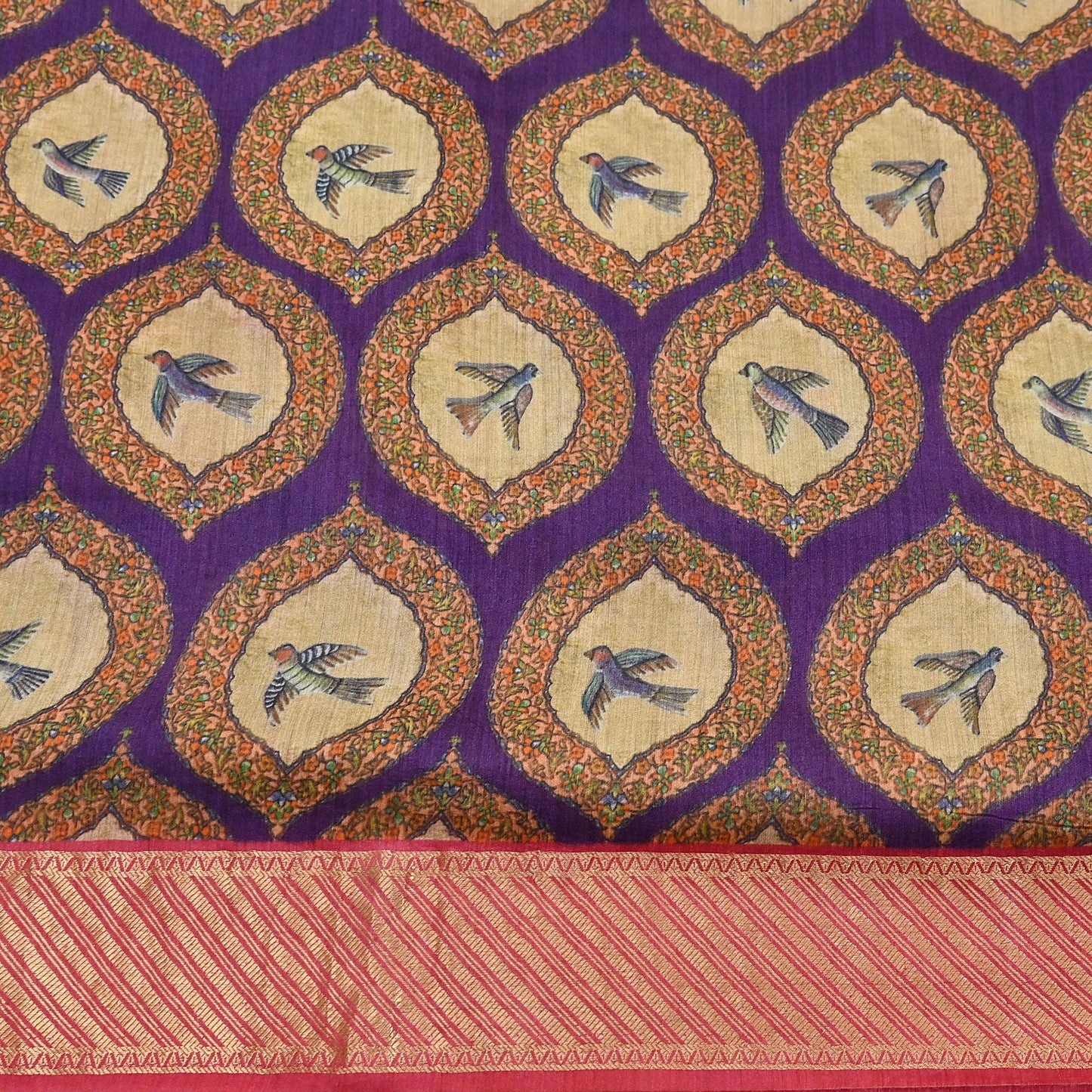 Indian Vintage Saree Purple & Red Pure Khadi Silk Handloom Digital Printed Sari Craft Fabric 5yard Ethnic Wear Sari Dress making Crafting