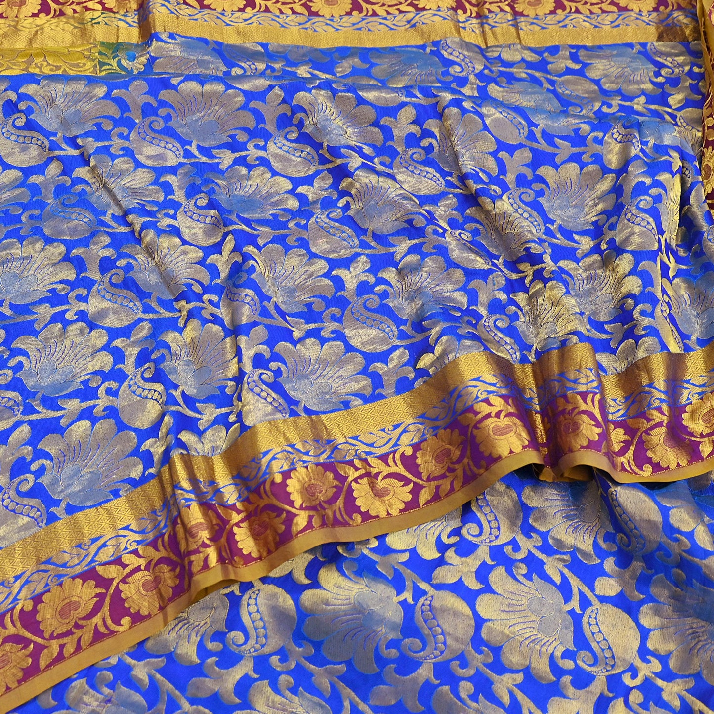 Indian Vintage Heavy Royal Blue & green Kanjivaram Saree 100% Pure Silk Sari Metallic Golden Zari 6Yd Floral Crafting with blouse fabric