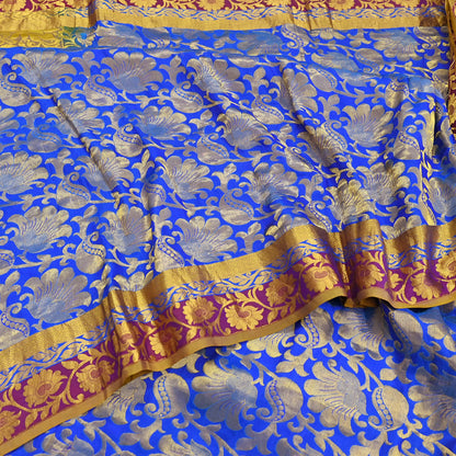 Indian Vintage Heavy Royal Blue & green Kanjivaram Saree 100% Pure Silk Sari Metallic Golden Zari 6Yd Floral Crafting with blouse fabric