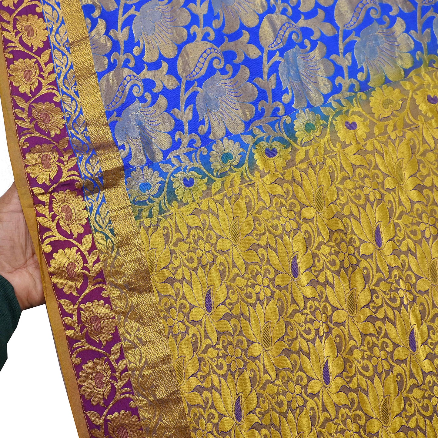 Indian Vintage Heavy Royal Blue & green Kanjivaram Saree 100% Pure Silk Sari Metallic Golden Zari 6Yd Floral Crafting with blouse fabric