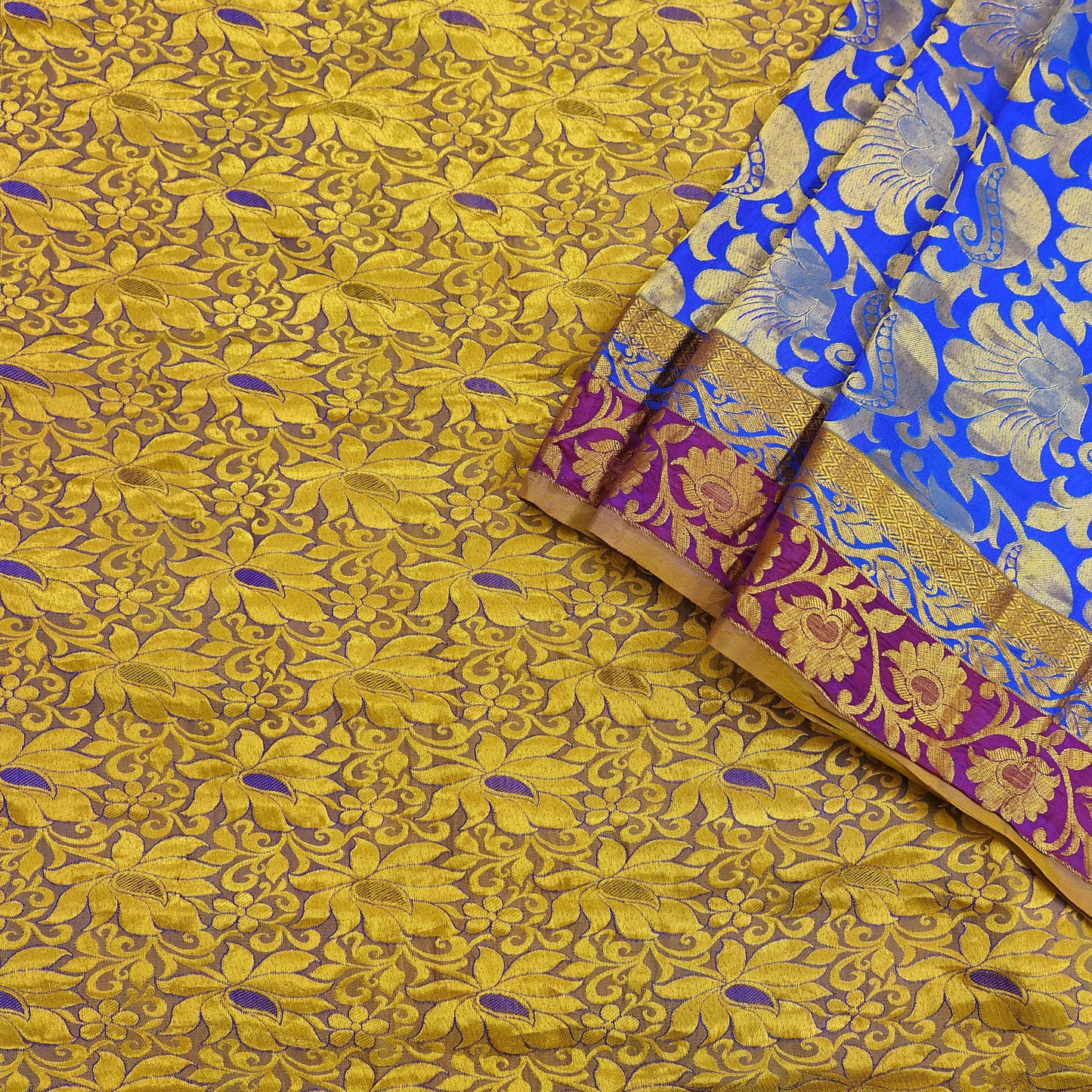Indian Vintage Heavy Royal Blue & green Kanjivaram Saree 100% Pure Silk Sari Metallic Golden Zari 6Yd Floral Crafting with blouse fabric