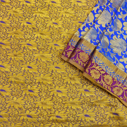 Indian Vintage Heavy Royal Blue & green Kanjivaram Saree 100% Pure Silk Sari Metallic Golden Zari 6Yd Floral Crafting with blouse fabric