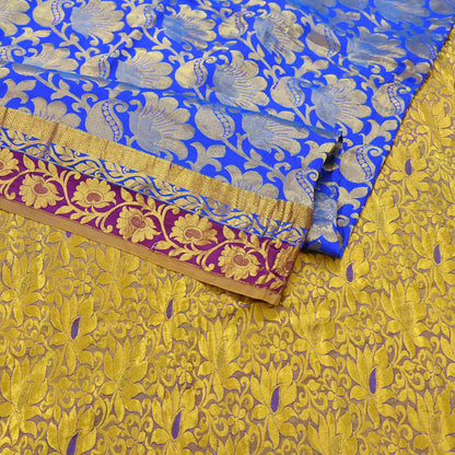 Indian Vintage Heavy Royal Blue & green Kanjivaram Saree 100% Pure Silk Sari Metallic Golden Zari 6Yd Floral Crafting with blouse fabric