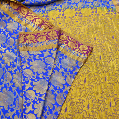 Indian Vintage Heavy Royal Blue & green Kanjivaram Saree 100% Pure Silk Sari Metallic Golden Zari 6Yd Floral Crafting with blouse fabric