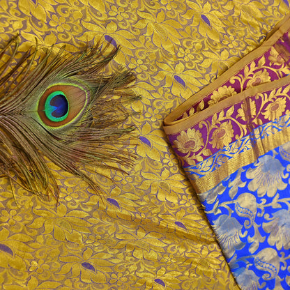 Indian Vintage Heavy Royal Blue & green Kanjivaram Saree 100% Pure Silk Sari Metallic Golden Zari 6Yd Floral Crafting with blouse fabric
