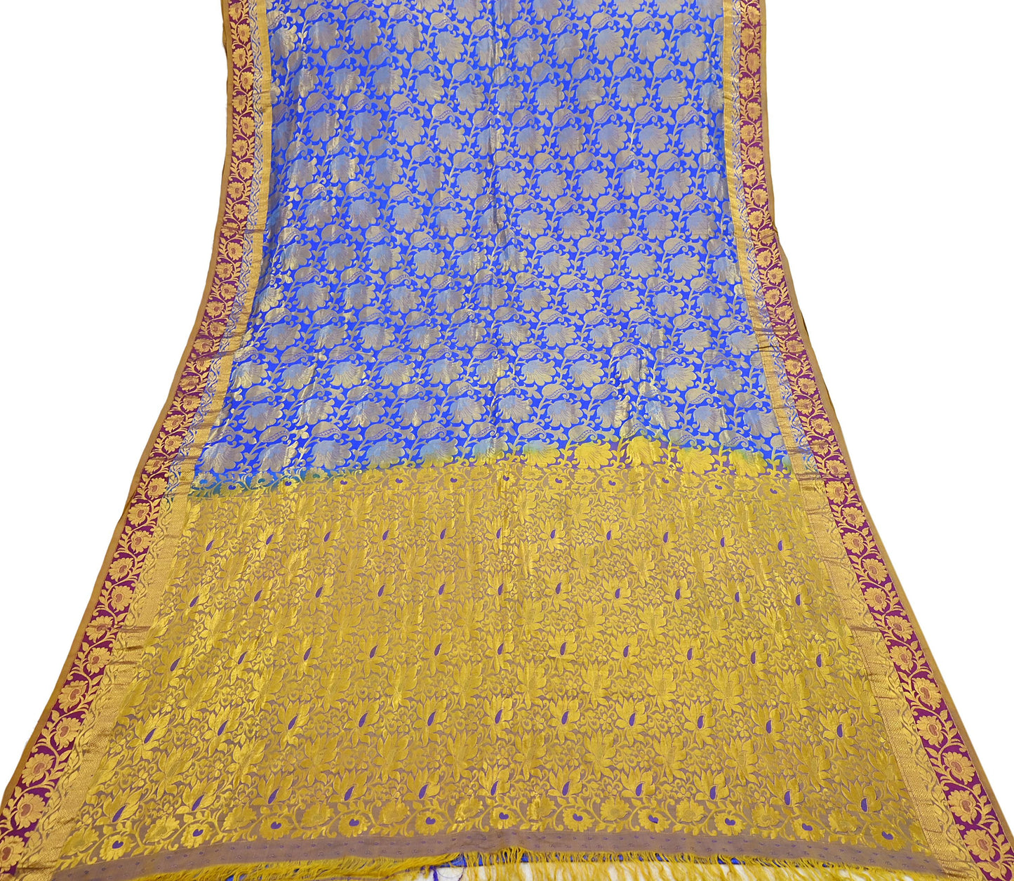 Indian Vintage Heavy Royal Blue & green Kanjivaram Saree 100% Pure Silk Sari Metallic Golden Zari 6Yd Floral Crafting with blouse fabric