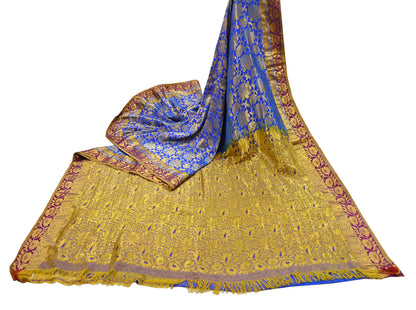 Indian Vintage Heavy Royal Blue & green Kanjivaram Saree 100% Pure Silk Sari Metallic Golden Zari 6Yd Floral Crafting with blouse fabric