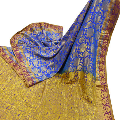 Indian Vintage Heavy Royal Blue & green Kanjivaram Saree 100% Pure Silk Sari Metallic Golden Zari 6Yd Floral Crafting with blouse fabric