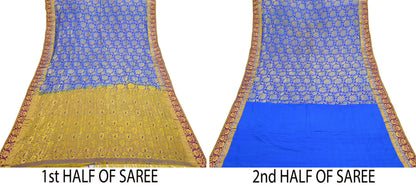 Indian Vintage Heavy Royal Blue & green Kanjivaram Saree 100% Pure Silk Sari Metallic Golden Zari 6Yd Floral Crafting with blouse fabric