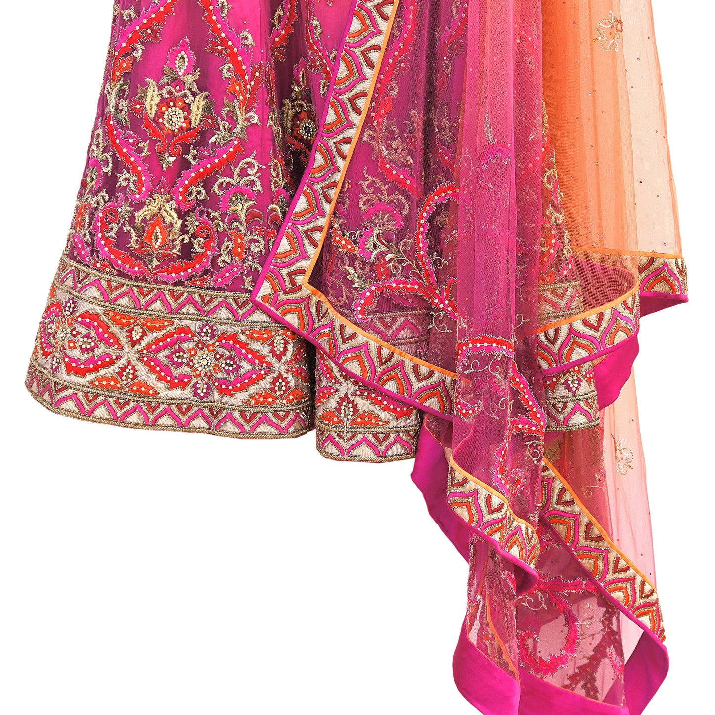 Orange & Purple Heavy Hand Embroidered Designer Lehenga Set Net Lehenga Padded Blouse, Dupatta Indian Wedding Outfit Sequins Beaded 3pc Set