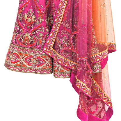 Orange & Purple Heavy Hand Embroidered Designer Lehenga Set Net Lehenga Padded Blouse, Dupatta Indian Wedding Outfit Sequins Beaded 3pc Set