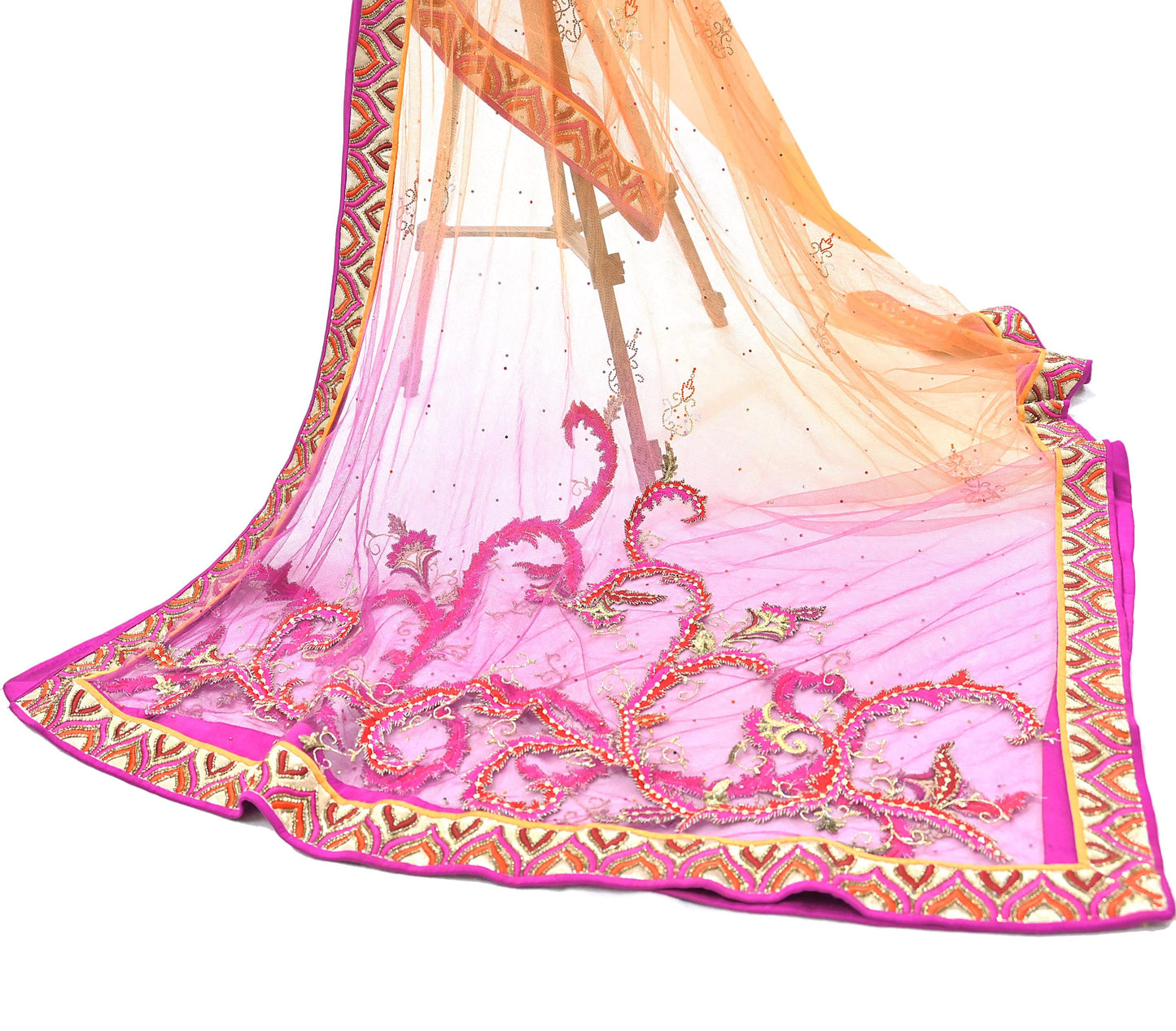 Orange & Purple Heavy Hand Embroidered Designer Lehenga Set Net Lehenga Padded Blouse, Dupatta Indian Wedding Outfit Sequins Beaded 3pc Set