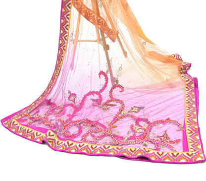 Orange & Purple Heavy Hand Embroidered Designer Lehenga Set Net Lehenga Padded Blouse, Dupatta Indian Wedding Outfit Sequins Beaded 3pc Set