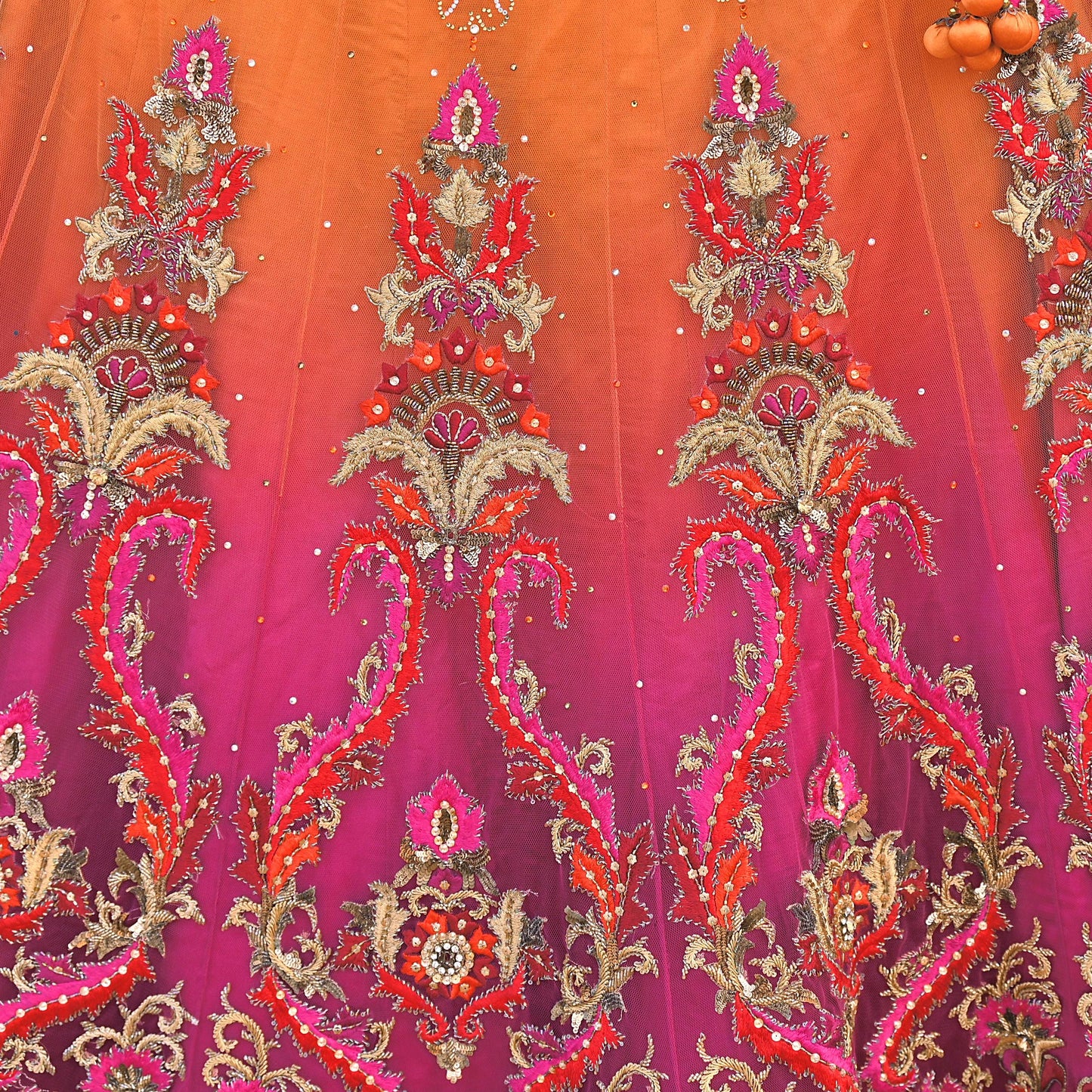 Orange & Purple Heavy Hand Embroidered Designer Lehenga Set Net Lehenga Padded Blouse, Dupatta Indian Wedding Outfit Sequins Beaded 3pc Set