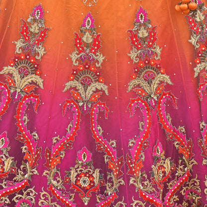 Orange & Purple Heavy Hand Embroidered Designer Lehenga Set Net Lehenga Padded Blouse, Dupatta Indian Wedding Outfit Sequins Beaded 3pc Set