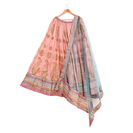 Indian Pre-owned Blue & Peach Pure Silk Net/Mesh Hand Embroidered Lehenga 3pcs Set Bridal Party Wear With Blouse/Dupatta Bollywood Lehenga