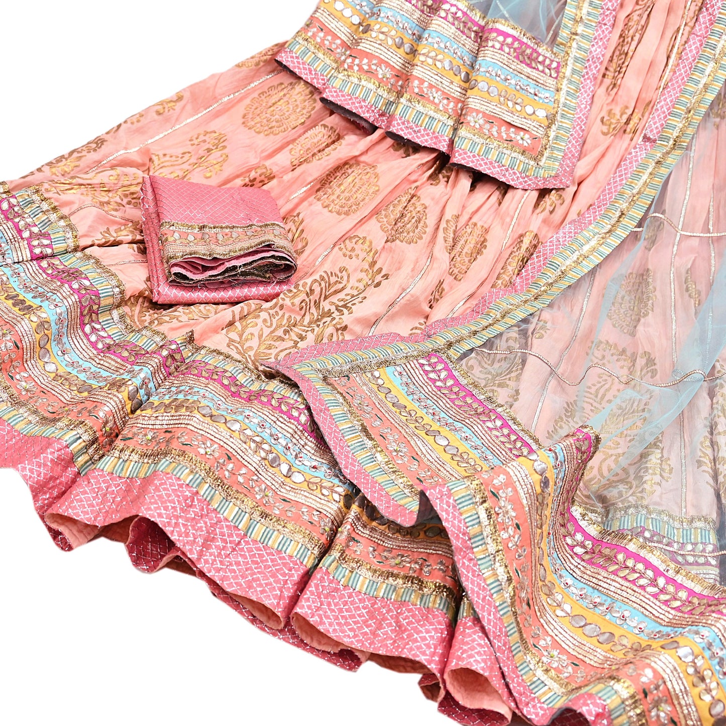 Indian Pre-owned Blue & Peach Pure Silk Net/Mesh Hand Embroidered Lehenga 3pcs Set Bridal Party Wear With Blouse/Dupatta Bollywood Lehenga