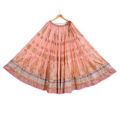 Indian Pre-owned Blue & Peach Pure Silk Net/Mesh Hand Embroidered Lehenga 3pcs Set Bridal Party Wear With Blouse/Dupatta Bollywood Lehenga