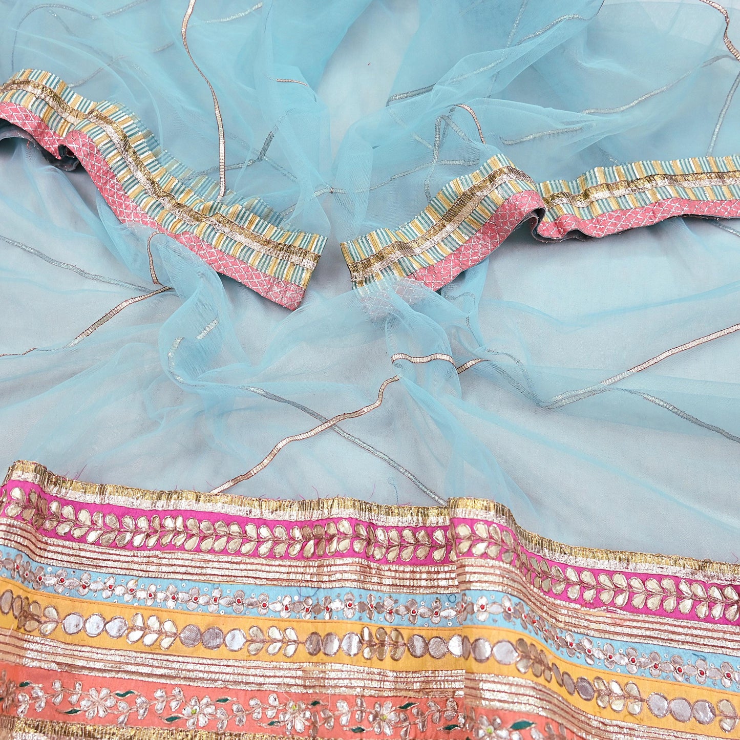 Indian Pre-owned Blue & Peach Pure Silk Net/Mesh Hand Embroidered Lehenga 3pcs Set Bridal Party Wear With Blouse/Dupatta Bollywood Lehenga