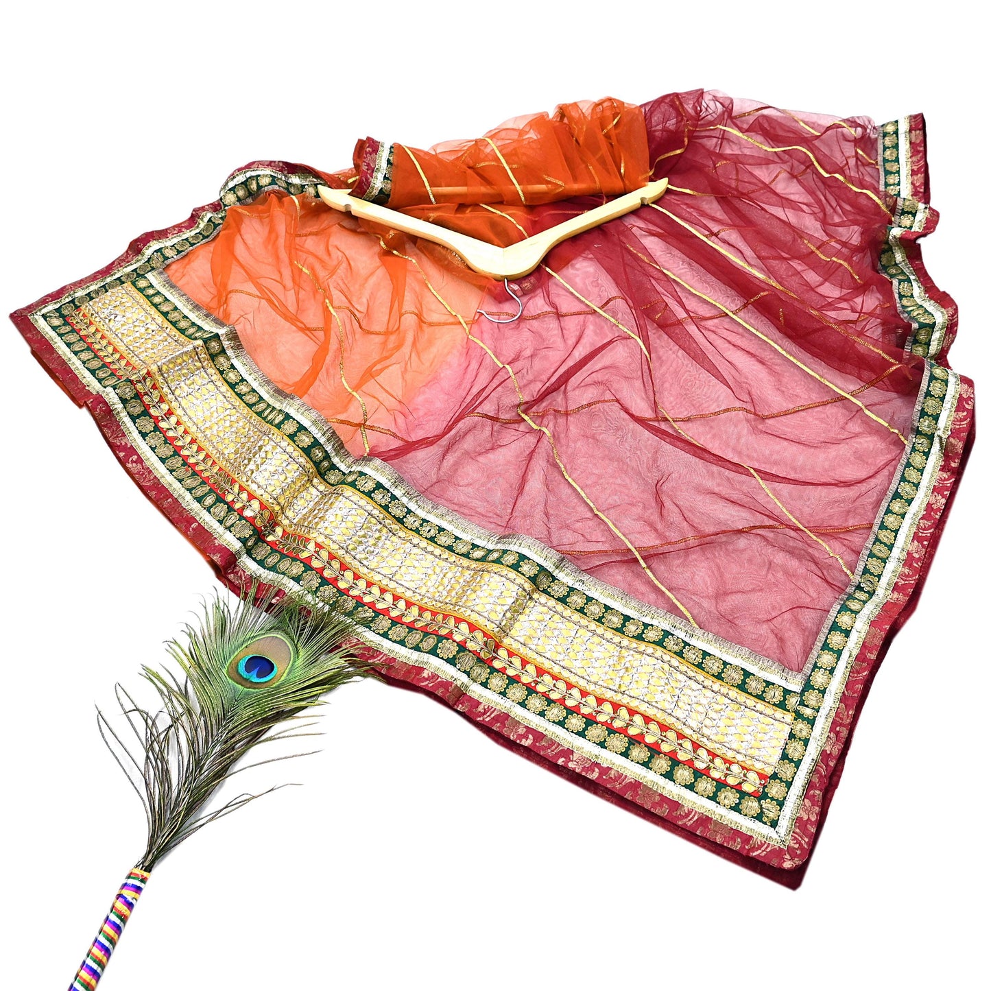 Indian Pre-owned Maroon & Orange Pure Silk Net Hand Embroidered Lehenga 3pcs Set Bridal Party Wear With Blouse/Dupatta Bollywood Lehenga