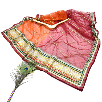 Indian Pre-owned Maroon & Orange Pure Silk Net Hand Embroidered Lehenga 3pcs Set Bridal Party Wear With Blouse/Dupatta Bollywood Lehenga