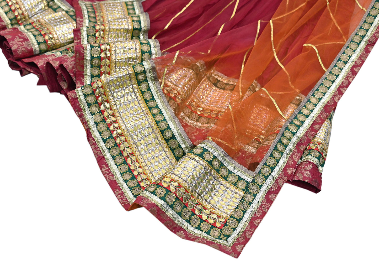 Indian Pre-owned Maroon & Orange Pure Silk Net Hand Embroidered Lehenga 3pcs Set Bridal Party Wear With Blouse/Dupatta Bollywood Lehenga