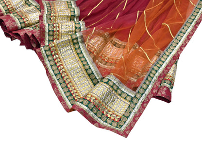 Indian Pre-owned Maroon & Orange Pure Silk Net Hand Embroidered Lehenga 3pcs Set Bridal Party Wear With Blouse/Dupatta Bollywood Lehenga
